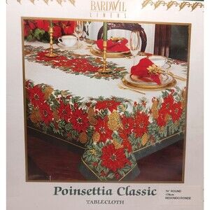 NEW Bardwil Linens Christmas Tablecloth 70" Round Red Green Poinsettia Holly NOS